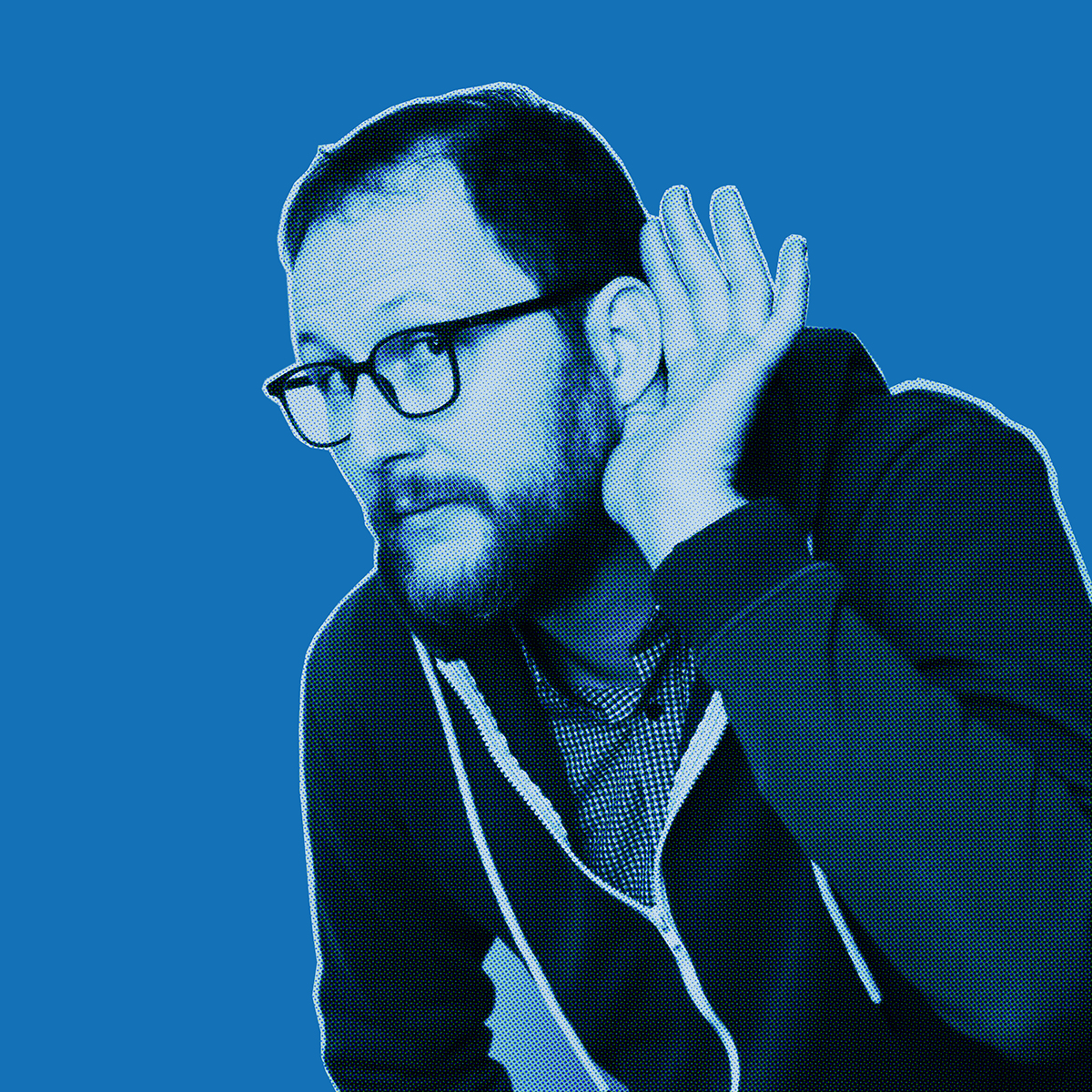 Blue-filtered picture of a man with glasses holding his left hand behind his left ear