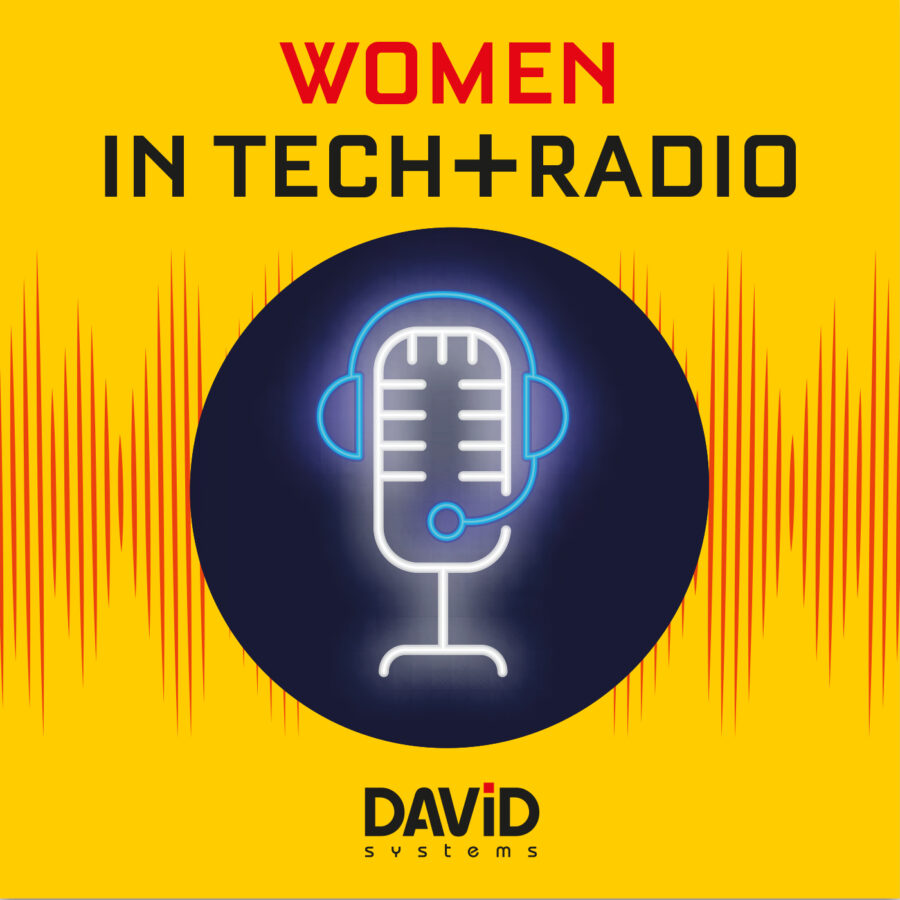 Women in Tech + radio logo: microphone and headphone in a dark bubble over a red soundwave