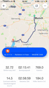 A screenshot from a UI with a map and a marked route from Munich to Starnberg