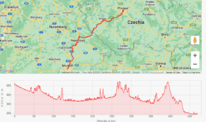 A map showing the route from Munich to Prague