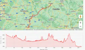 A map showing the route from Munich to Prague